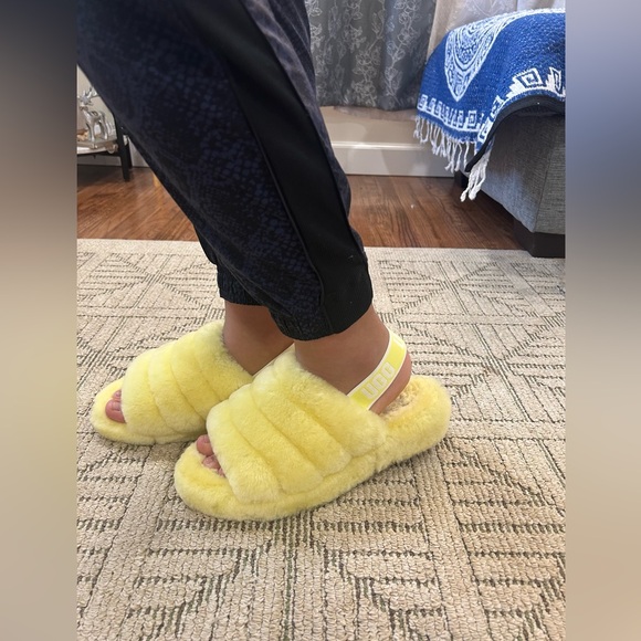UGG Neon Soft Yellow Fluffy Slides size 11 - Picture 2 of 11